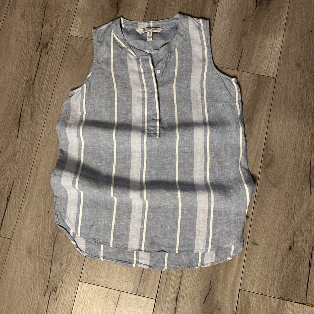 Ellen Tracy Linen Blue White Bold Striped Buttoned Tank Top Medium Linen